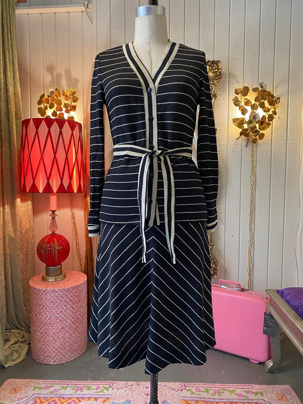 1970s striped knit 2 piece set, 70s skirt and cardigan, black cream, caron, mod